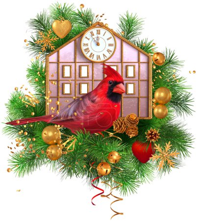 Foto de Navidad, Año Nuevo fondo de vacaciones, pájaro cardinal rojo brillante se sienta en una rama de abeto, pinos, casa decorativa, decoraciones de oro, oropel, juguetes, reloj, representación 3d - Imagen libre de derechos