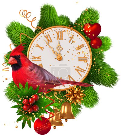 Foto de Navidad, Año Nuevo fondo de vacaciones, pájaro cardinal rojo se sienta cerca del reloj, ramas de abeto, pinos, bayas, decoraciones, juguetes, oropel, aislado, 3d rendering - Imagen libre de derechos