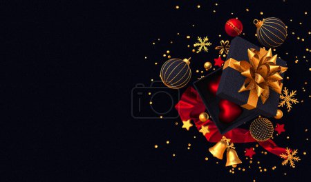 Téléchargez les photos : Nouvel An, fond sombre de Noël, boîte ouverte, décorations dorées, étoiles, flocons de neige, boules, tinsel, coeurs, rendu 3d - en image libre de droit
