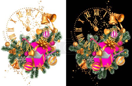 Foto de Navidad, Año Nuevo fondo de vacaciones, volando regalo caja abierta flotante, reloj decorado con cintas de oro y un arco, corazón, ramas de abeto, pinos, juguetes, oropel, oro, 3d renderizado, aislado - Imagen libre de derechos