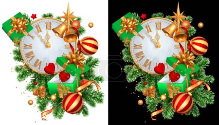 Téléchargez les photos : Noël, fond de vacances du Nouvel An, vol flottant boîte ouverte cadeau, horloge décorée avec des rubans dorés et un arc, coeur, branches de sapin, pins, jouets, tinsel, or, rendu 3D, isolé - en image libre de droit