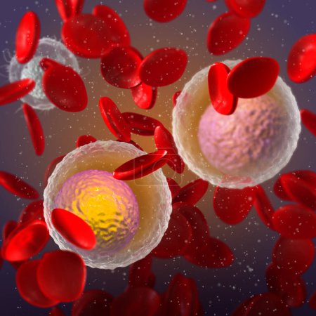 Photo for Medical background, lymphocytes, cells of the immune system, various leukocytes of the agranulocyte group, blood cells, erythrocytes red blood cells, 3D rendering - Royalty Free Image