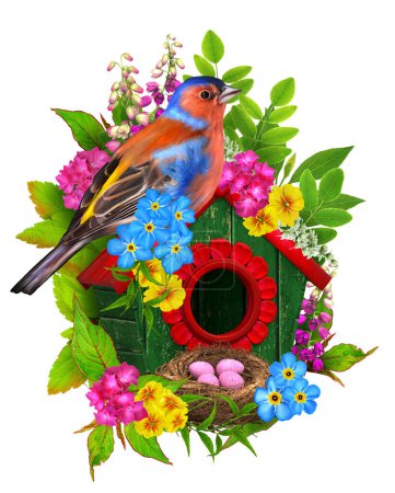 Foto de Fondo de primavera, aves brillantes se sientan cerca del nido con huevos, pajareras de madera, árboles que florecen con flores rosadas, hojas verdes, representación 3d - Imagen libre de derechos