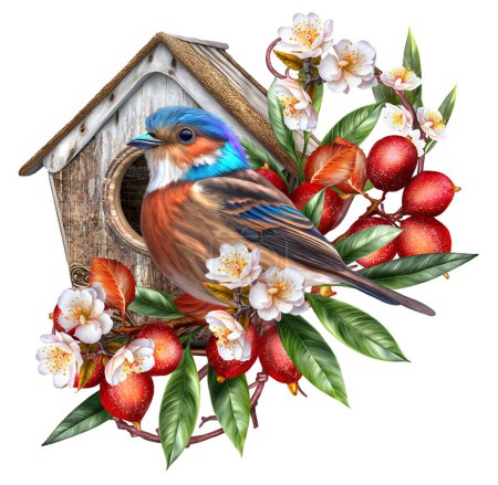 Téléchargez les photos : Composition des fleurs, un oiseau lumineux est assis sur une branche de baies rouges, un nichoir, des fleurs d'abricot, de belles fleurs, isolé - en image libre de droit