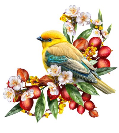 Foto de Composición de la flor, un pájaro brillante se sienta en una rama de bayas rojas, flores de albaricoque, hermosas flores, aislado - Imagen libre de derechos