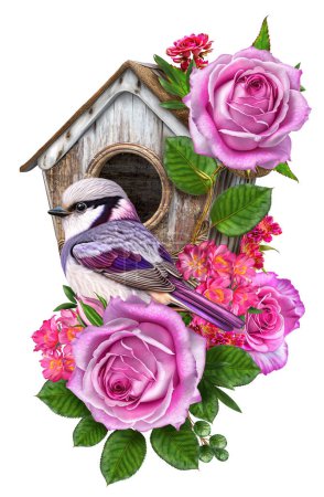 Foto de Composición de la flor, un pequeño pájaro brillante se sienta en una rama de flores de rosas, cerca de la pajarera, día de primavera, aislado - Imagen libre de derechos