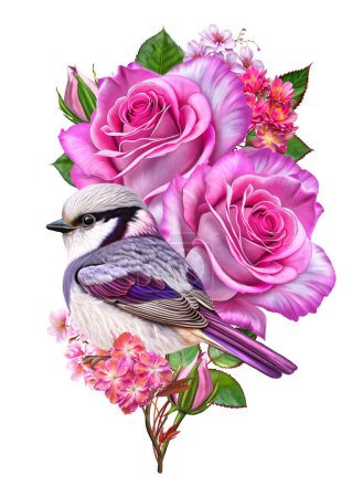 Téléchargez les photos : Composition des fleurs, roses roses, petit oiseau brillant, inflorescences de belles fleurs, style vintage, isolé sur fond blanc - en image libre de droit