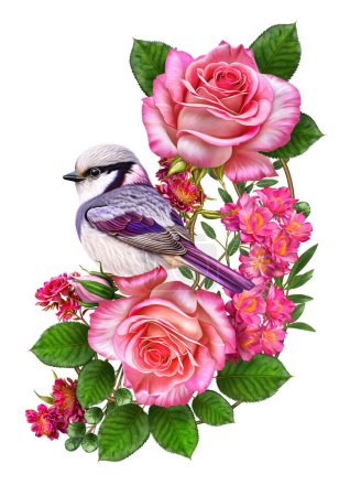 Foto de Composición de flores, rosas rosadas, pequeño pájaro brillante, inflorescencias de hermosas flores, estilo vintage, aislado sobre fondo blanco - Imagen libre de derechos