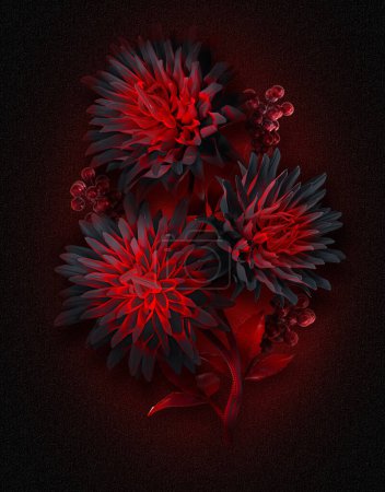 Téléchargez les photos : Arrangement floral, fleurs de chrysanthème noir et rouge, tourbillons, rendu 3d - en image libre de droit