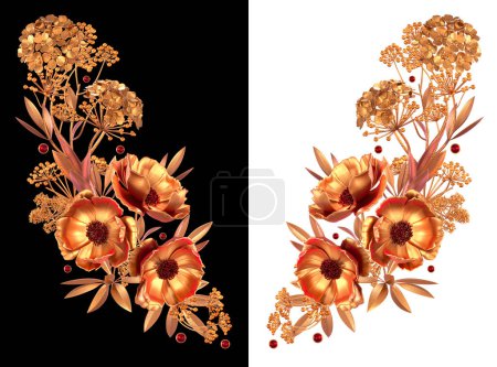 Foto de Arreglo floral, hojas y flores doradas estilizadas, lirios, bayas brillantes, rizos delicados, forma geométrica, elementos paisley, aislados sobre un fondo blanco. renderizado 3d - Imagen libre de derechos