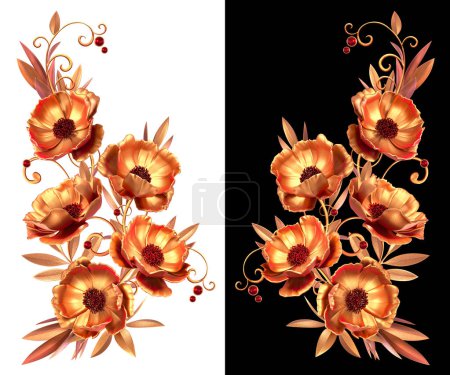 Foto de Arreglo floral, hojas y flores doradas estilizadas, lirios, bayas brillantes, rizos delicados, forma geométrica, elementos paisley, aislados sobre un fondo blanco. renderizado 3d - Imagen libre de derechos