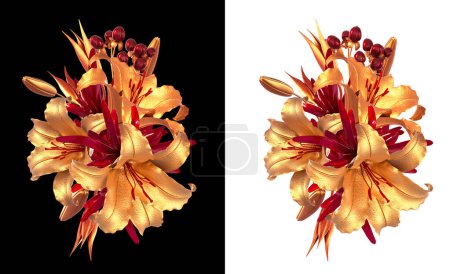 Photo for Floral arrangement, stylized golden leaves and flowers ,lilies, shiny berries, delicate curls, geometric shape, paisley elements, isolated on a white background. 3d rendering - Royalty Free Image