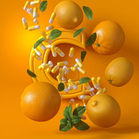 Téléchargez les photos : Concepts médicaux et scientifiques, capsule de vitamine C, lévitation, chute libre d'oranges d'agrumes, rendu 3d, fond jaune - en image libre de droit