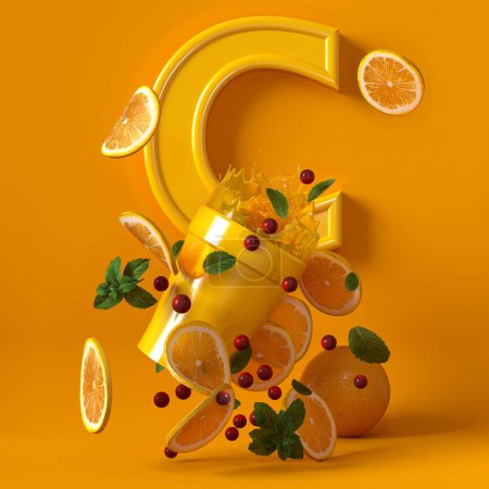 Foto de Conceptos médicos y científicos, un vaso de jugo de cítricos, salpicadura líquida, derrame de rodajas levitantes de naranja, limón, cítricos, fondo amarillo, representación 3d - Imagen libre de derechos