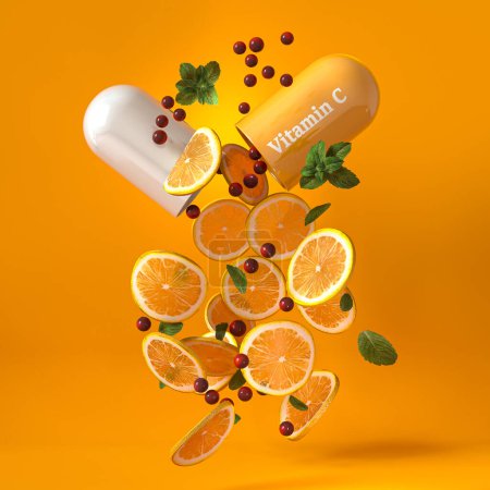Foto de Conceptos médicos y científicos, volando cápsula abierta de vitamina C, derramando rodajas levitantes de naranja, limón, cítricos, fondo amarillo, 3d renderizado - Imagen libre de derechos