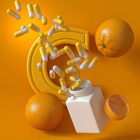 Foto de Conceptos médicos y científicos, cápsula de vitamina C, levitación, caída libre de naranjas cítricas, envasado de botellas, representación 3d, fondo amarillo - Imagen libre de derechos