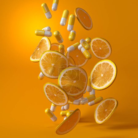 Foto de Conceptos médicos y científicos, cápsula de vitamina C, levitación, caída libre de naranjas cítricas, reproducción 3d, fondo amarillo - Imagen libre de derechos