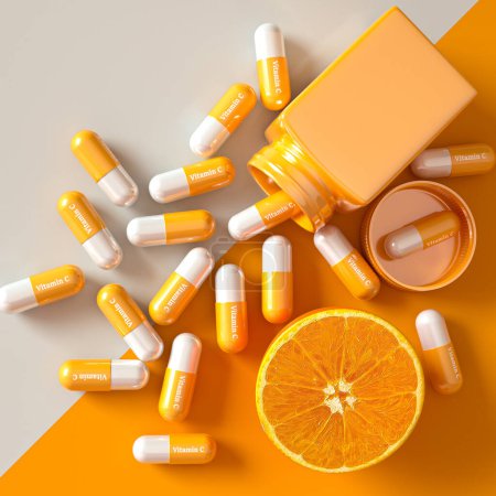 Foto de Conceptos médicos y científicos, cápsula de vitamina C, naranja, envase de botella abierta, vista superior, fondo amarillo, representación 3d - Imagen libre de derechos