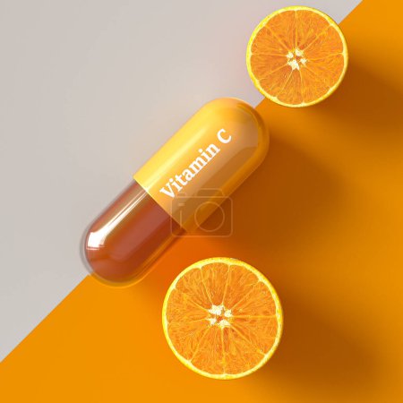 Foto de Conceptos médicos y científicos, cápsula de vitamina C, naranja, vista superior, fondo amarillo, representación 3d - Imagen libre de derechos