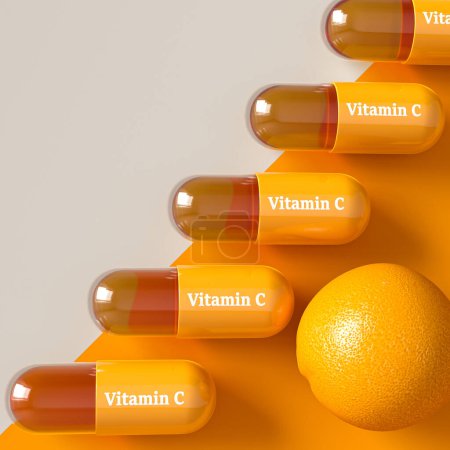Téléchargez les photos : Concepts médicaux et scientifiques, capsule de vitamine C, orange, vue de dessus, fond jaune, rendu 3d - en image libre de droit