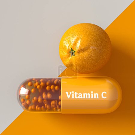 Foto de Conceptos médicos y científicos, cápsula de vitamina C, naranja, vista superior, fondo amarillo, representación 3d - Imagen libre de derechos
