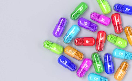 Téléchargez les photos : Fond médical, vitamine B, B1, B2, B3, B5, B6, B7, B9, B12, capsules multicolores, rendu 3d, vue de dessus - en image libre de droit