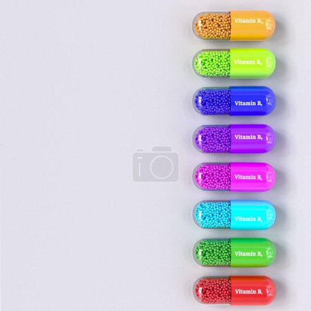 Medical background, vitamin group B, B1, B2, B3, B5, B6, B7, B9, B12, multi-colored capsules, 3d rendering, top view