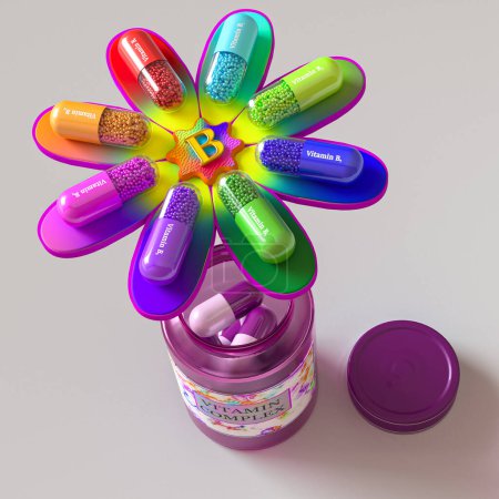 Téléchargez les photos : Contexte médical, concept, le groupe B capsules de vitamines sont situés sur les pétales d'une fleur, rendu 3d - en image libre de droit