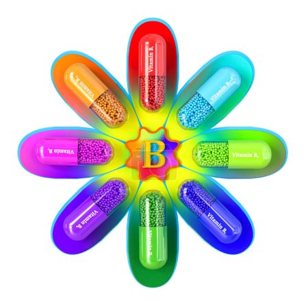 Foto de Fondo médico, concepto, cápsulas de vitaminas del grupo B se encuentran en los pétalos de una flor, 3d representación - Imagen libre de derechos