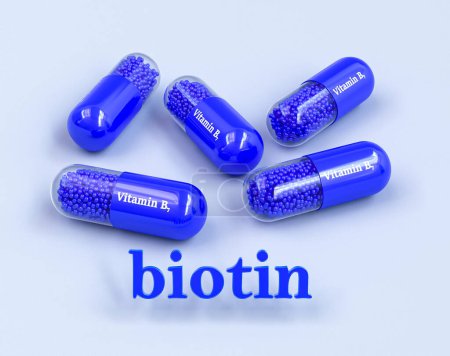 Photo for Medical background, vitamin B group, B6 in a dark blue capsule, biotin, volumetric text, 3d rendering - Royalty Free Image