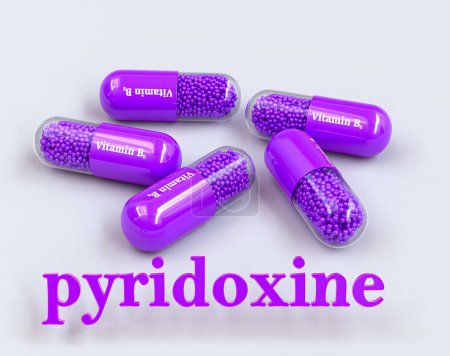 Foto de Antecedentes médicos, grupo de vitamina B, B5 en cápsula púrpura, ácido pantoténico, texto volumétrico, representación 3d - Imagen libre de derechos