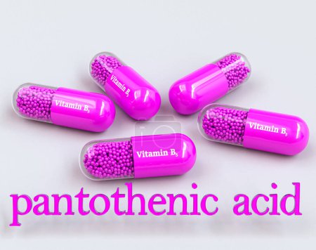 Foto de Antecedentes médicos, grupo de vitamina B, B5 en cápsula lila, ácido pantoténico, texto volumétrico, representación 3d - Imagen libre de derechos