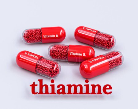 Foto de Antecedentes médicos, grupo de vitamina B, B1 en cápsula roja, tiamina, volumen de texto, representación 3d - Imagen libre de derechos