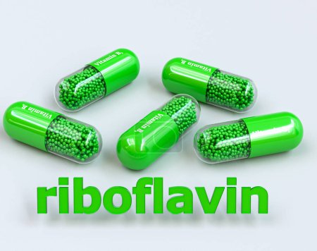 Photo for Medical background, vitamin B group, B2 in green capsule, riboflavin, volume text, 3d rendering - Royalty Free Image