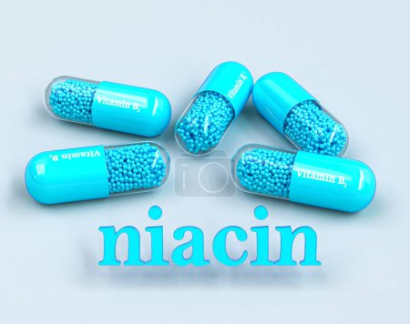 Photo for Medical background, vitamin B group, B3 in a blue capsule, niacin, volume text, 3d rendering - Royalty Free Image