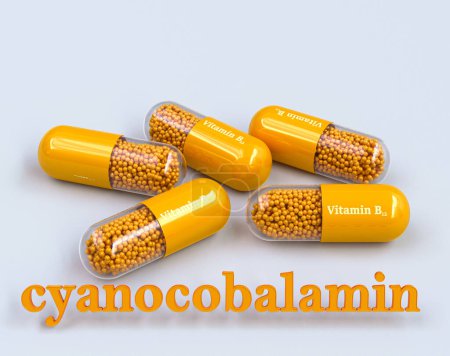 Foto de Antecedentes médicos, grupo de vitamina B, B12 en cápsula amarilla, cianocobalamina, volumen de texto, representación 3d - Imagen libre de derechos