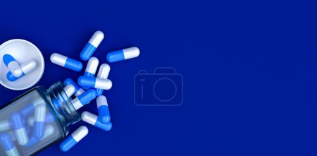Photo for Medical background, capsules of pills, vitamins, nutritional supplements in bulk, open jar, top view, 3d rendering - Royalty Free Image