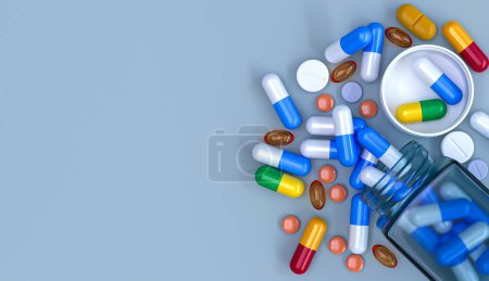 Photo for Medical background, capsules of pills, vitamins, nutritional supplements in bulk, open jar, top view, 3d rendering - Royalty Free Image