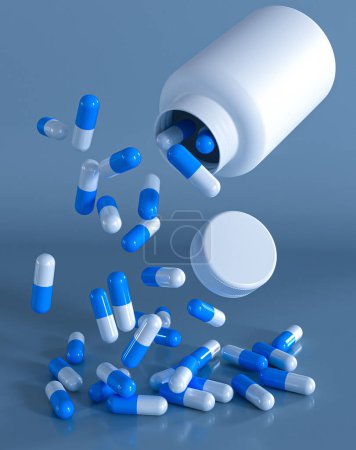 Photo for Medical background, capsules of pills, vitamins, nutritional supplements fall from an open jar of packaging, 3d rendering - Royalty Free Image