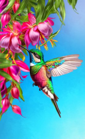 Photo for Hummingbird bird flying near tropical red beautiful flowers, exotic plants, leaves - Royalty Free Image