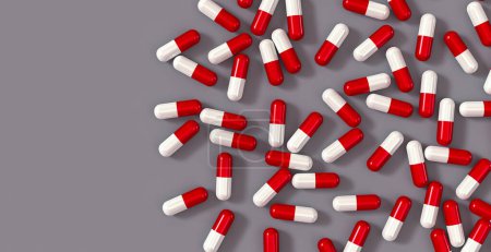 Photo for Medical background, two-tone red and white capsules of probiotics, vitamins, medicines in bulk, top view, herbal supplement in capsules, vitamins in gelatin shell, tablets, 3d rendering - Royalty Free Image