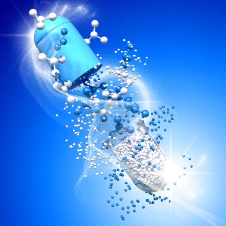 Téléchargez les photos : Fond médical en ton bleu, produits pharmaceutiques pour la digestion, capsule de récipient en plastique à l'état de lévitation, vol avec composants ouverts, probiotiques additifs alimentaires en capsules, rendu 3D - en image libre de droit