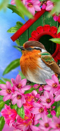 Photo for Spring Easter background, a bright bird sits on a branch of a blossoming apple tree near a birdhouse - Royalty Free Image