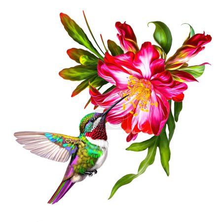 Téléchargez les photos : Colibri volant près du rouge tropical belles fleurs, plantes exotiques, feuilles, isolé - en image libre de droit