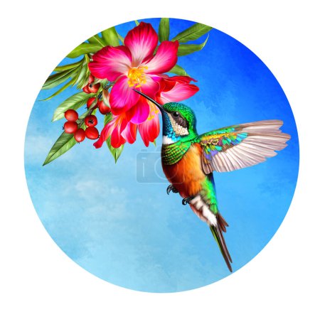 Téléchargez les photos : Colibri volant près du rouge tropical belles fleurs, plantes exotiques, feuilles, forme ronde - en image libre de droit
