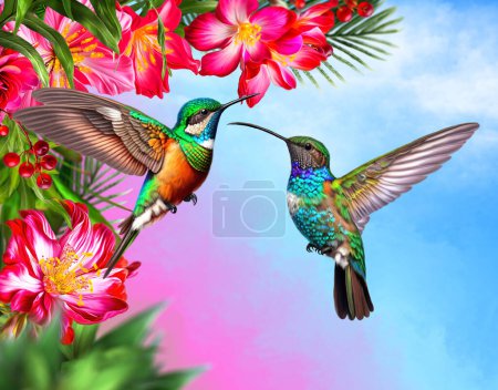 Téléchargez les photos : Colibri volant près du rouge tropical belles fleurs, plantes exotiques, feuilles - en image libre de droit