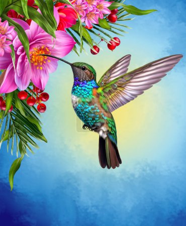 Téléchargez les photos : Colibri volant près du rouge tropical belles fleurs, plantes exotiques, feuilles - en image libre de droit
