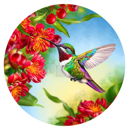 Téléchargez les photos : Colibri volant près du rouge tropical belles fleurs, plantes exotiques, feuilles, forme ronde - en image libre de droit