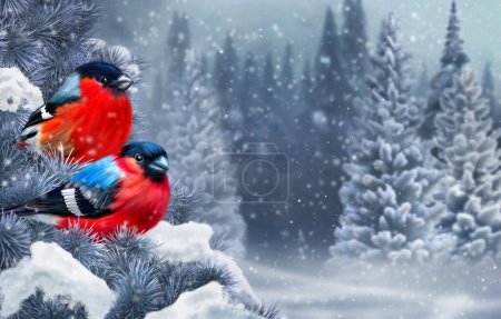 New Year, Christmas holiday winter background, two bullfinch birds sitting on a snow-covered spruce branch, winter pine forest, 3D rendering, no AI