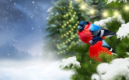 Foto de Año Nuevo, fondo de invierno festivo de Navidad, dos pájaros toro sentados en una rama de un abeto cubierto de nieve, guirnalda ardiente, abeto decorado, bosque de pinos de invierno, representación 3D, sin IA - Imagen libre de derechos